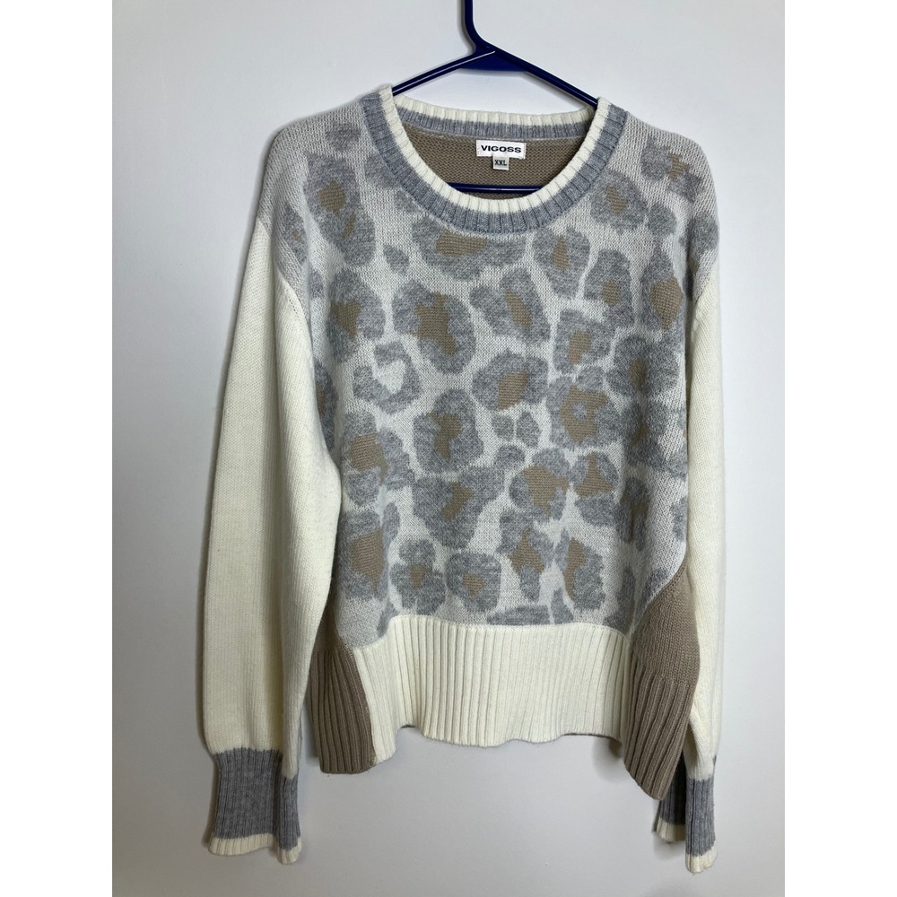 Vigoss Sweater Womens XXL Multi Leopard Print Excellent Colorblock Crewneck Knit